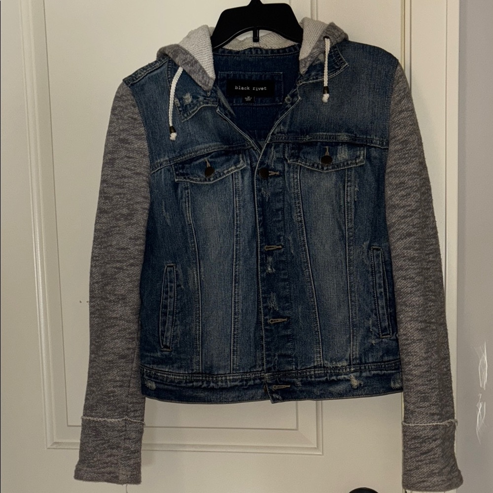Hooded Denim Jacket with Gray Sleeves
